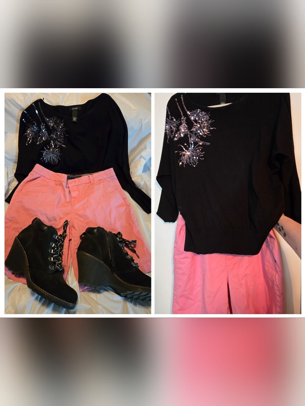 Alfani Black Sequin-Embellished Sweater, Pink Tommy Hilfiger Shorts, Black Wedge